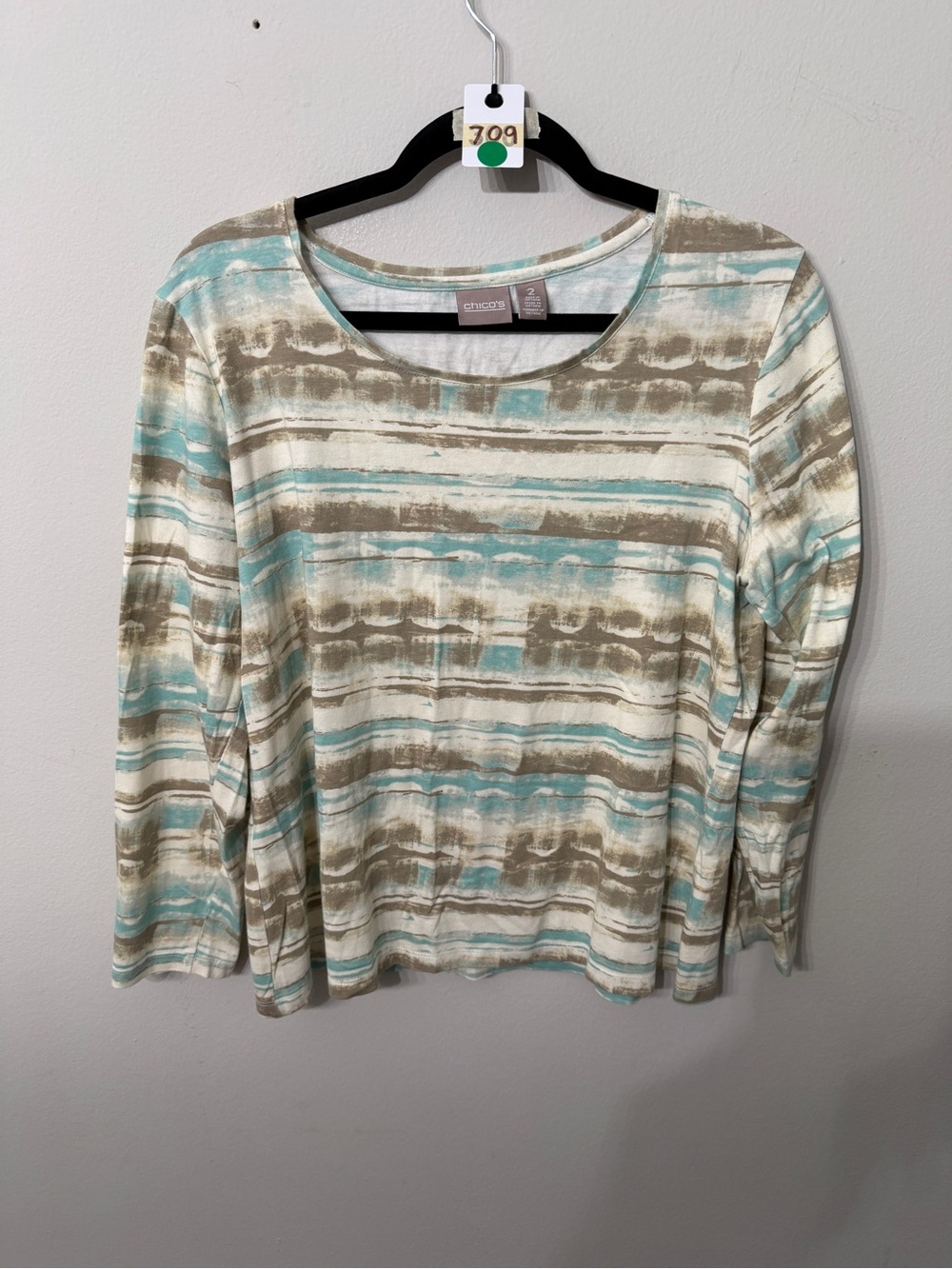 Women’s Chico’s Size 2 Large Aqua Beige Abstract Stripe Long Sleeve Top